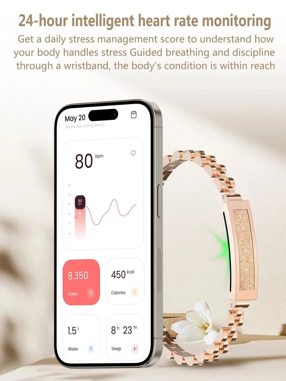 Smart kedjearmband för kvinnor – Bluetooth fitness tracker med hjärtfrekvens, blodsyre, sömnmonitor, flera sportlägen och app-synkronisering Carvallo