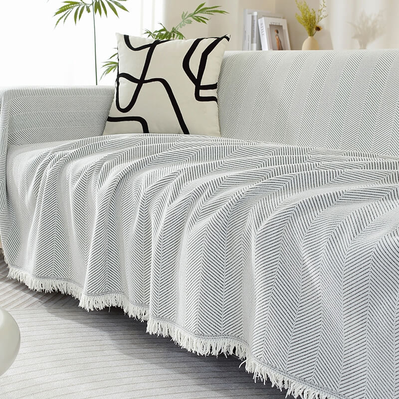 CozyWeave Sofföverdrag i Chenille – Elegant Fiskbensmönster med Dekorativa Tofsar Hemnix