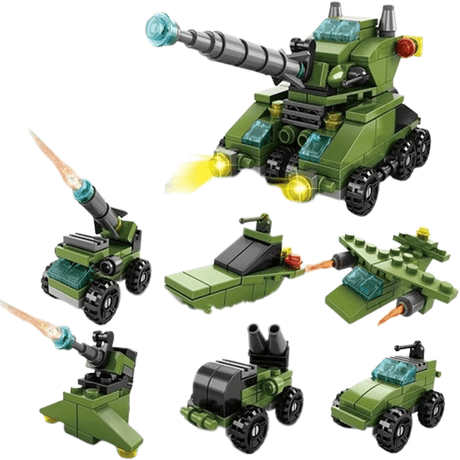 6-i-1 Byggklossar Fordonsset för Barn | Brandbil, Stridsvagn & Helikopter – STEM Leksak för Kreativ Lek & Lärande (6–10 år)-Byggsats-BB-Militär tank-Hemnix
