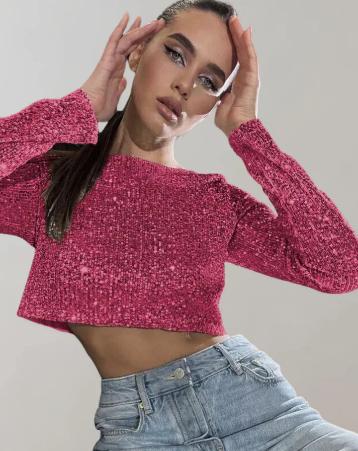 Dam Crop Top Glittrande Polyester Elastan