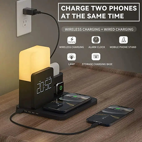 4 i 1 Snabb Trådlös Laddningsstation Väckarklocka med Lampa för Apple Carvallo