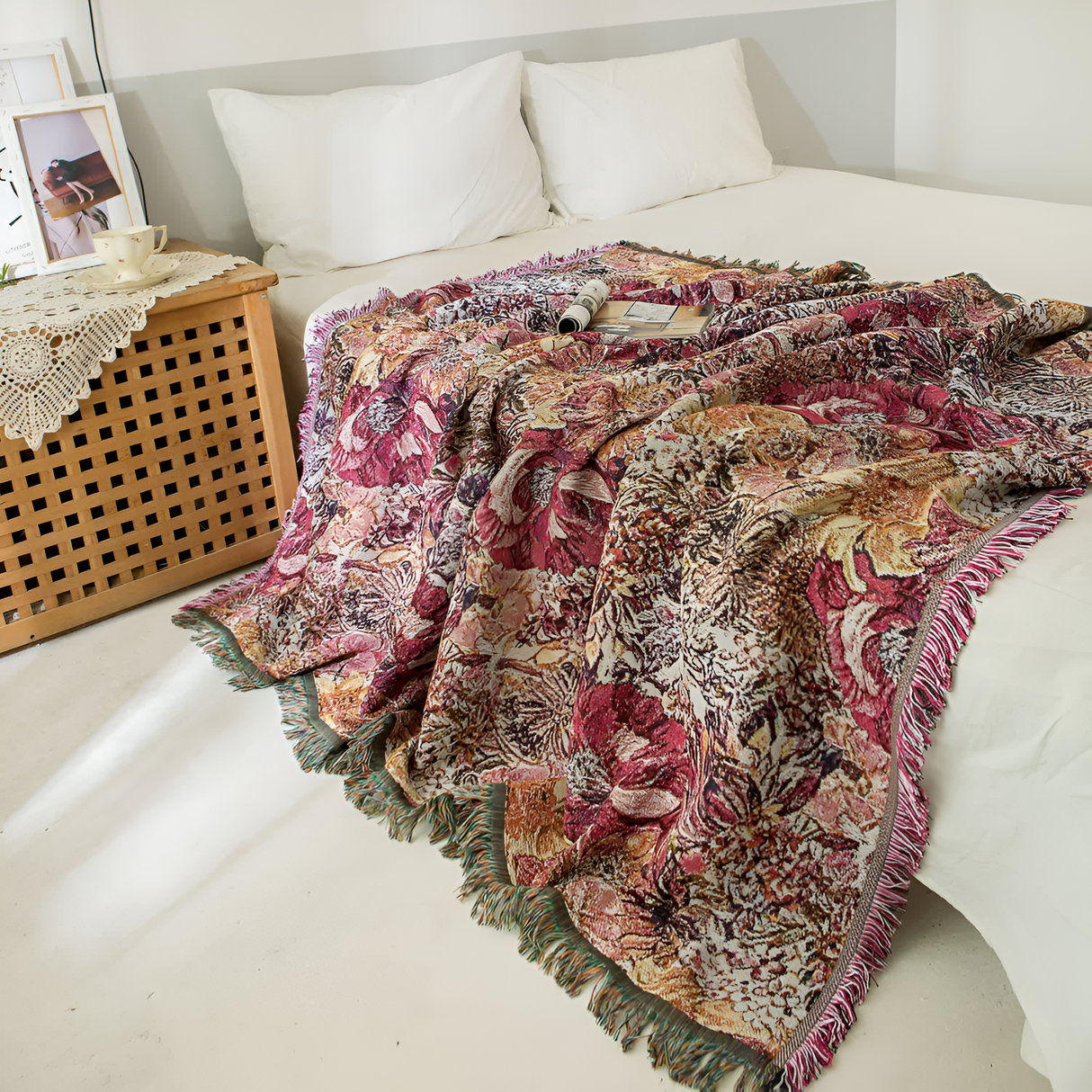 Vintage Floral Fringed Filtäcke Carvallo
