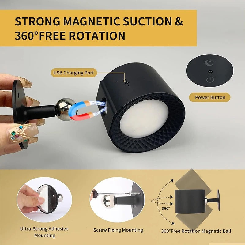 Uppladdningsbar 360° Rotationsbar Magnetisk LED Vägglampa – Justerbar Trådlös Nattlampa Carvallo