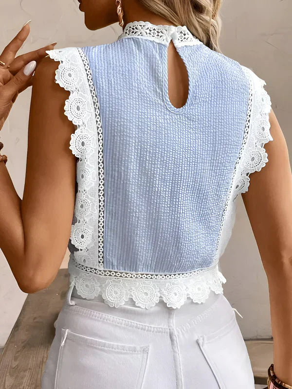 Dam Blus med Blommiga Spetsgränser Graciösa Ärmar Polyester
