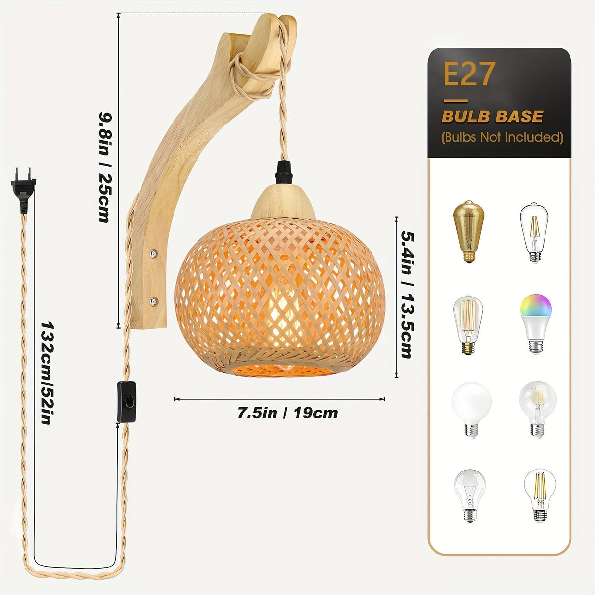 Rustik bambu vägglampa – vävd skärm med stickkontakt i vintage stil Carvallo