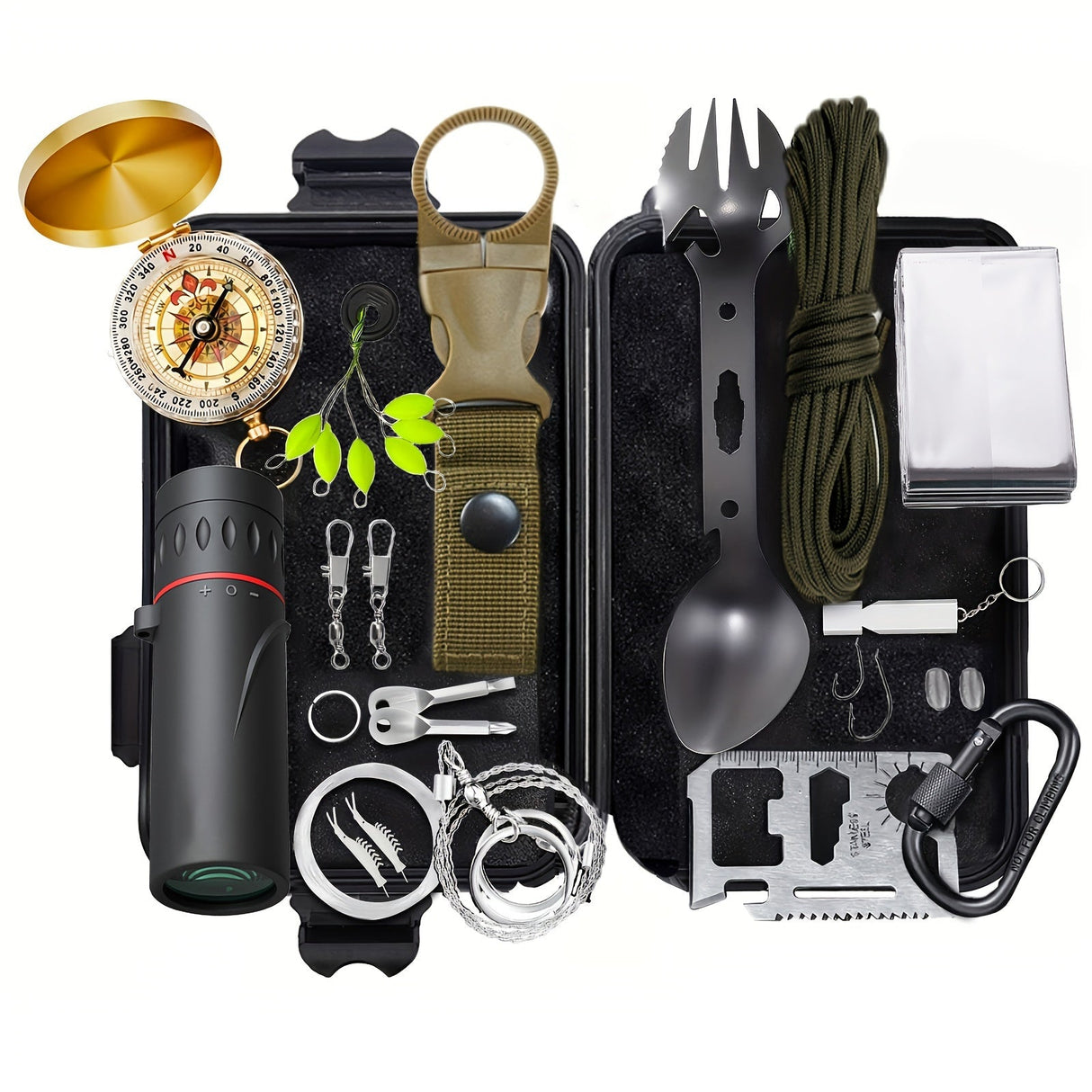 Carvallo Kit Trekvalor 14-in-1 | Kompakt & Komplett | Utomhus & Nödsats | Med kniv, kompass & termofilt Carvallo