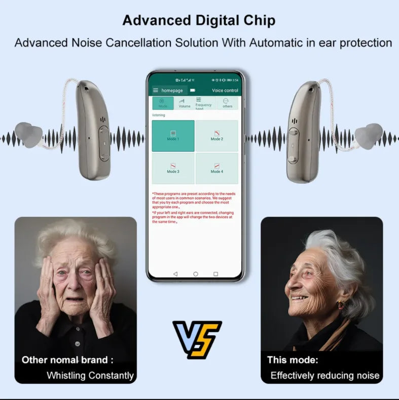 Laddningsbara Bluetooth-hörselapparater för seniorer med appkontroll och 4 ljudlägen Carvallo