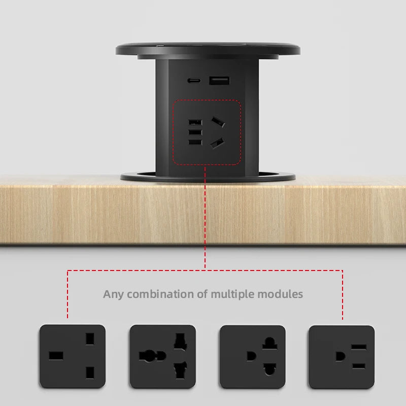 Automatisk Pop-Up Skrivbordsuttagstorn – Dold Strömkälla med USB-C, Trådlös Laddning & Globalt Pluggsupport Carvallo