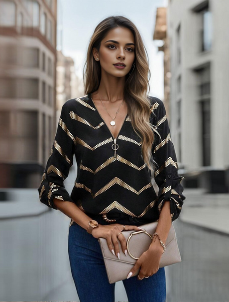 Dam Blus V-ringning Randig Lätt Tyg Bellasverige