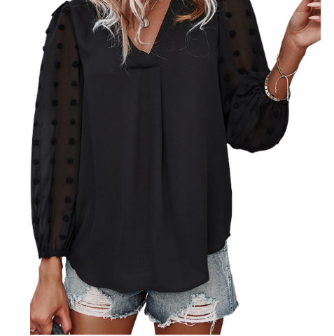 Dam Festtopp Långärmad Hackad Halsringning Mjuk Polyester-Kvinnors toppar-Hemnix-Svart Grå-S-Hemnix