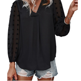 Dam Festtopp Långärmad Hackad Halsringning Mjuk Polyester-Kvinnors toppar-Hemnix-Svart Grå-S-Hemnix