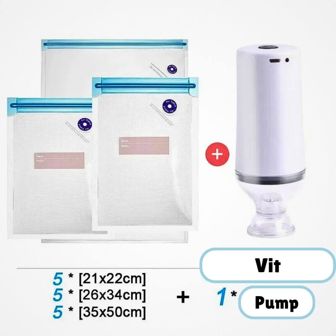 FreshSeal – Vakuumförpackningsset för Längre Hållbarhet på Maten-Vacuum Sealers-BB-Vakuumpump + 15st Påsar-Hemnix