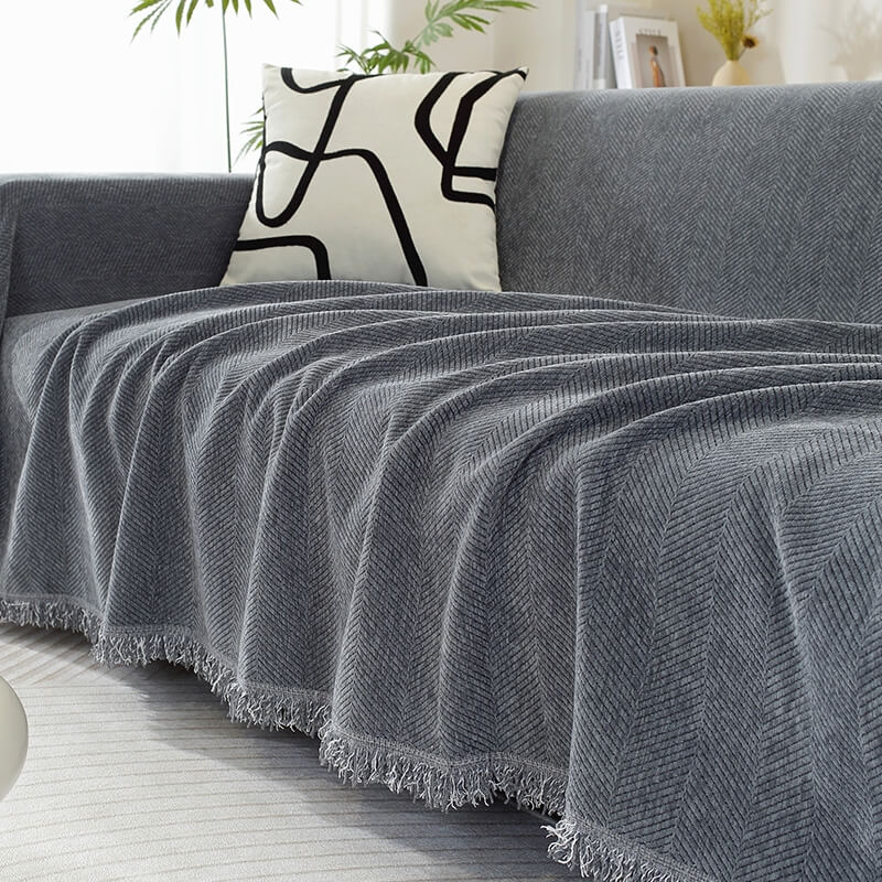 CozyWeave Sofföverdrag i Chenille – Elegant Fiskbensmönster med Dekorativa Tofsar Hemnix