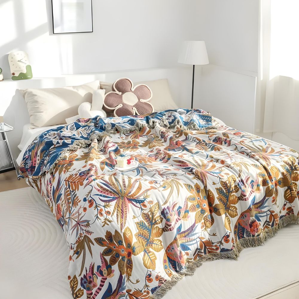 Vintage Floral Leaf Cotton Blanket Carvallo