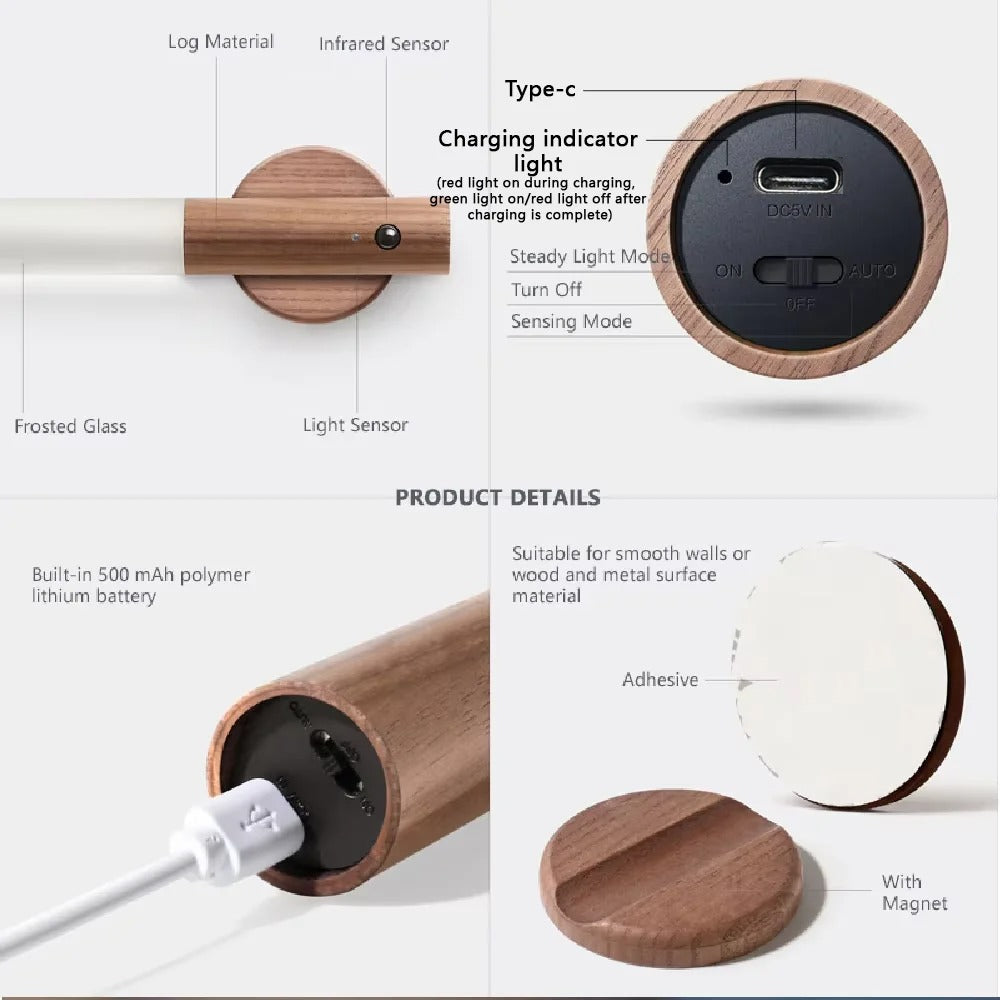 Uppladdningsbar LED-vägglampa – USB-magnetisk rörelsesensorlampa för sovrum, vardagsrum och trappa Carvallo