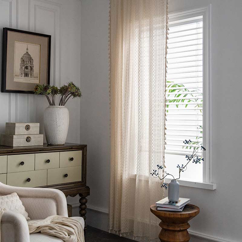 Bomull Beige Gardin Hål Ut Tassel Draperier Carvallo
