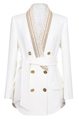 Dam Blazer Luksuriös Med Guldperledetaljer Polyester Dubbelknäppt Hemnix