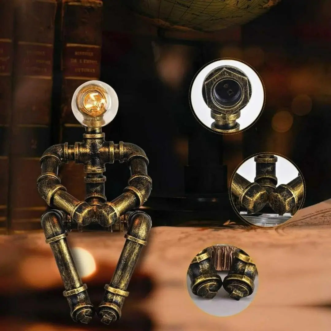 Royallure Steampunk Robot Pipe Table Lamp – Industriell Järnskulptur med E27-sockel Carvallo