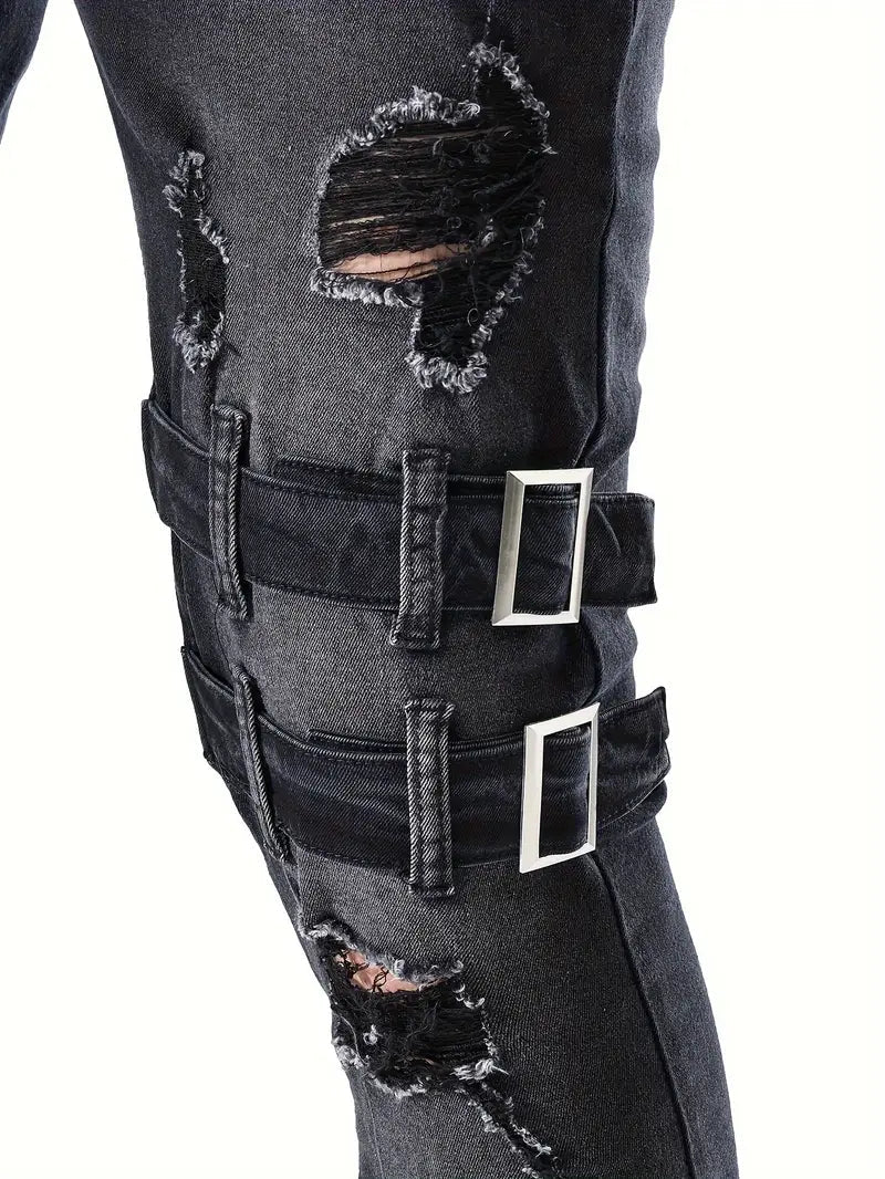 Herr Biker Jeans Avslappnad Denim Med Quiltade Detaljer Hemnix