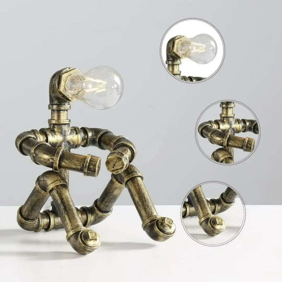 Royallure Steampunk Robot Pipe Table Lamp – Industriell Järnskulptur med E27-sockel Carvallo
