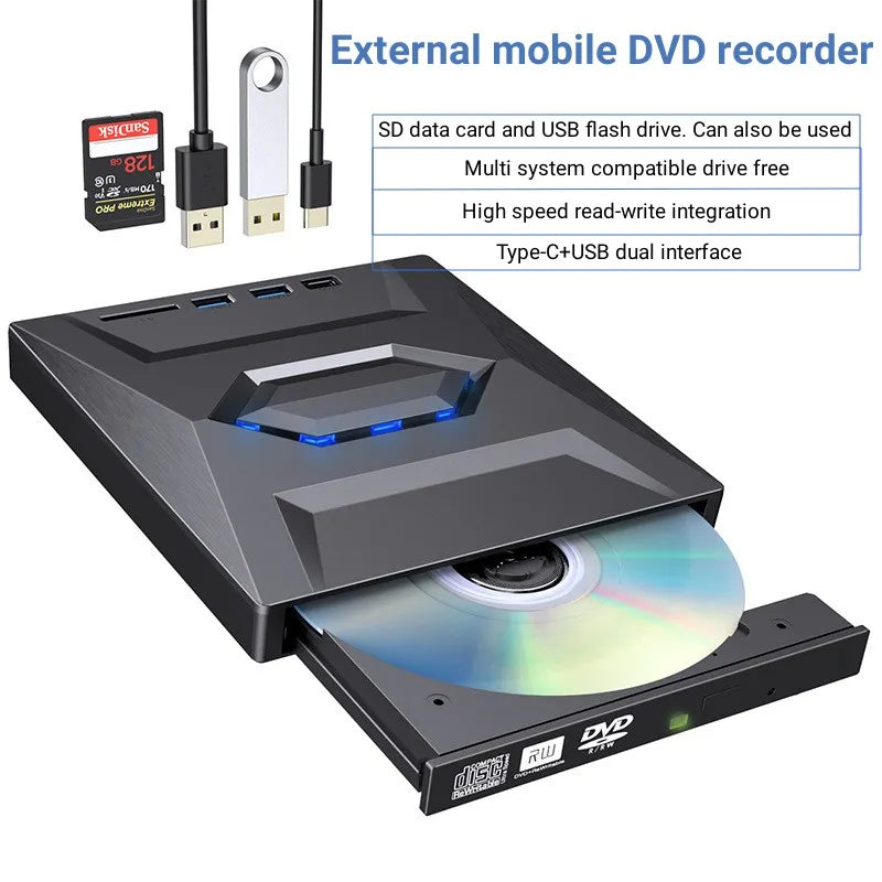 7-i-1 Extern DVD-spelare – Bärbar CD/DVD RW-skrivare med hög hastighet för datatransfer Carvallo