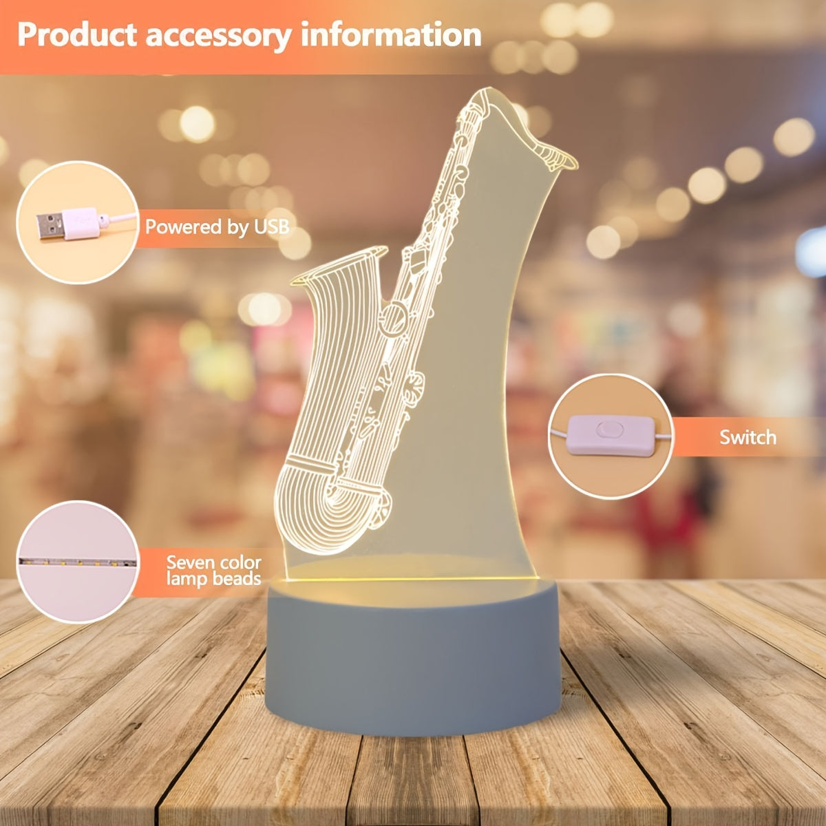 SaxGlow - 3D Saxofon LED Nattljus, USB-Driven Bords- och Lampa Carvallo
