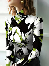 Långärmad T-shirt Dam Turtleneck Blommigt Tryck Mjuk Material