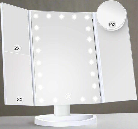 Luxora Tri-Fold Led Smink Spegel Med Ljus 2X 3X 10X Carvallo