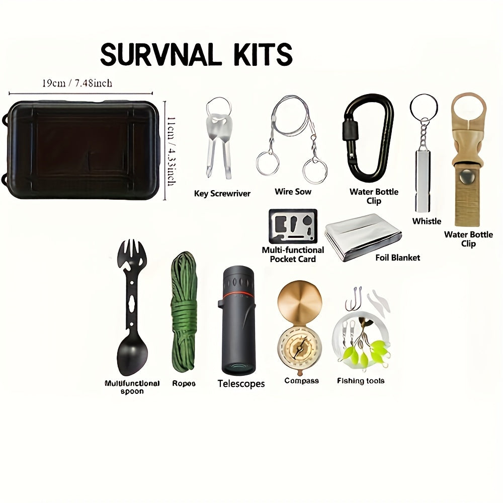 Carvallo Kit Trekvalor 14-in-1 | Kompakt & Komplett | Utomhus & Nödsats | Med kniv, kompass & termofilt Carvallo