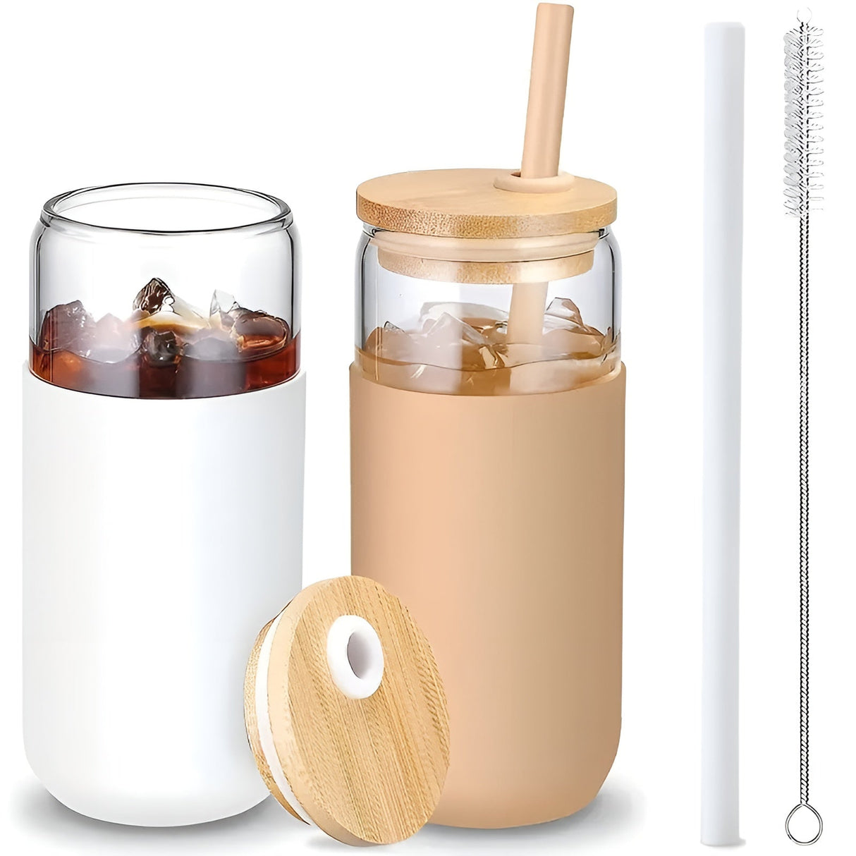 Dricksglas med sugrör – 2-delars set med trälock & silikonhållare | Perfekt för kaffe, juice & smoothies Carvallo