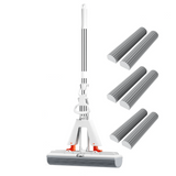 Självpressande Mopp med Teleskopskaft – Hopfällbar Bomullsmopp för Effektiv Golvrengöring & Torkning-fönsterputsare-BB-6 mopphuvuden-Hemnix