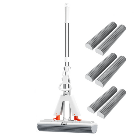 Självpressande Mopp med Teleskopskaft – Hopfällbar Bomullsmopp för Effektiv Golvrengöring & Torkning-fönsterputsare-BB-6 mopphuvuden-Hemnix