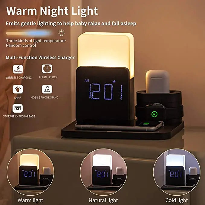 4 i 1 Snabb Trådlös Laddningsstation Väckarklocka med Lampa för Apple Carvallo