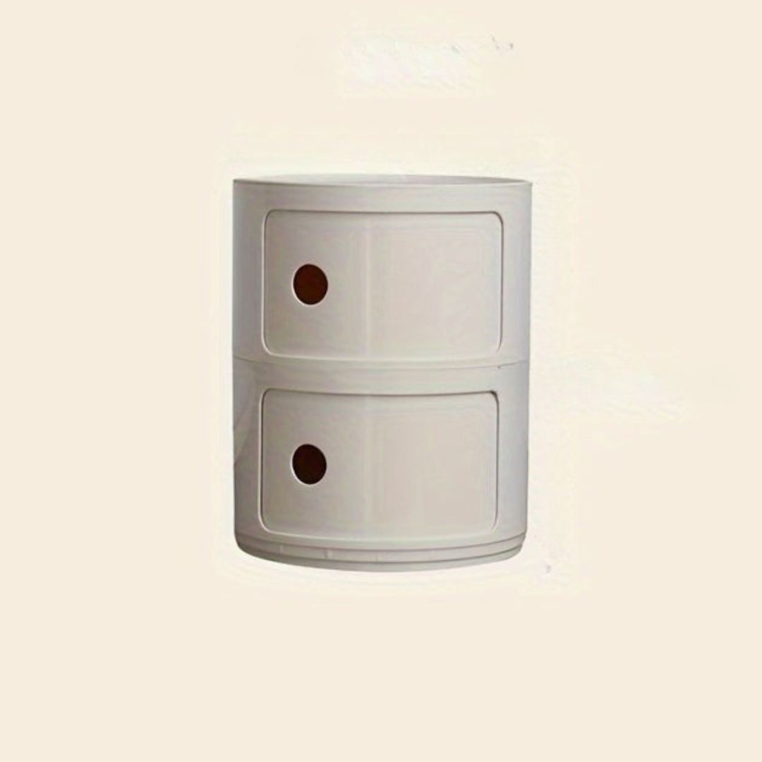 Sängbord med runda plastförvaringslådor Carvallo