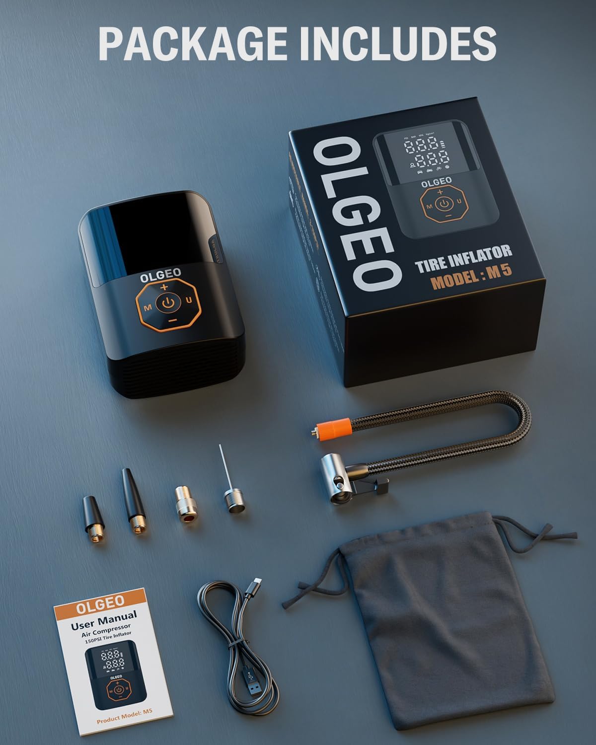 Carvallo Akku-luftkompressor 18000mAh | 160 PSI Kraft | Bärbar däcktryckpump för bil, motorcykel & cykel | Med tillbehör & väska Carvallo