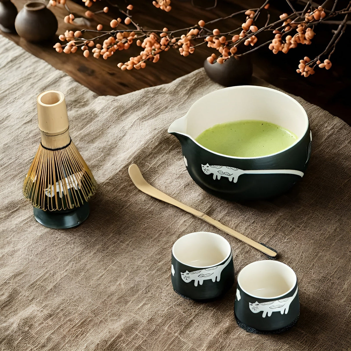 Matcha Set med kattdesign – Inklusive skål, bambusvisp & sked | Perfekt present för teälskare Carvallo