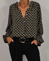 Dam Blus V-ringning Geometrisk Bomullsblandning Långärmad Hemnix