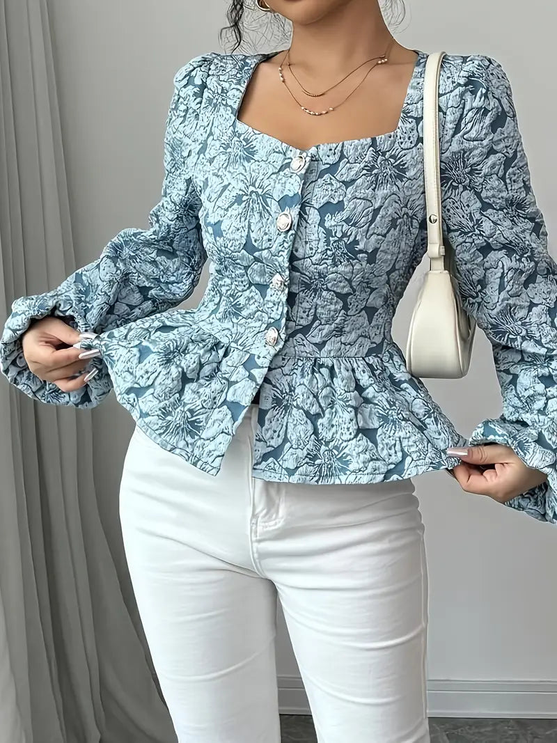 Dam Blus Blommönster Puffiga Ärmar Polyester