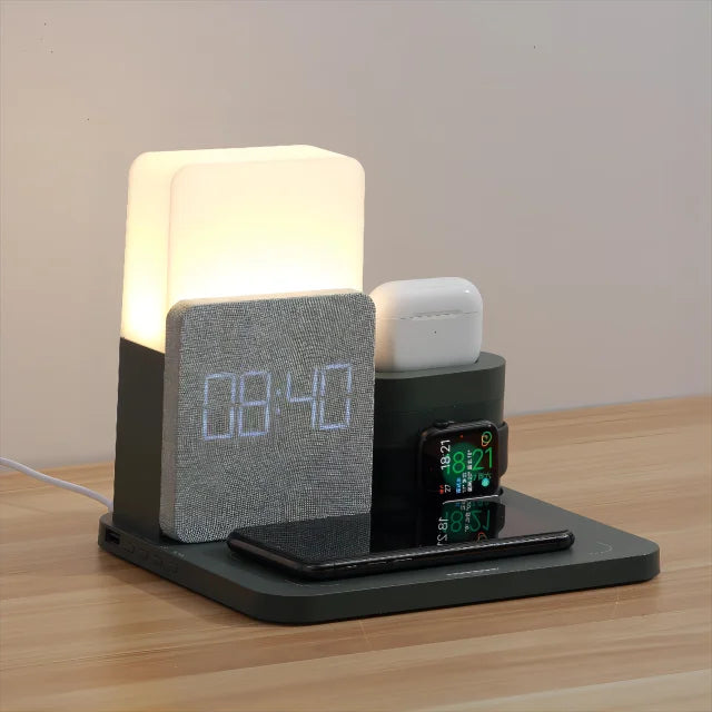 4 i 1 Snabb Trådlös Laddningsstation Väckarklocka med Lampa för Apple Carvallo