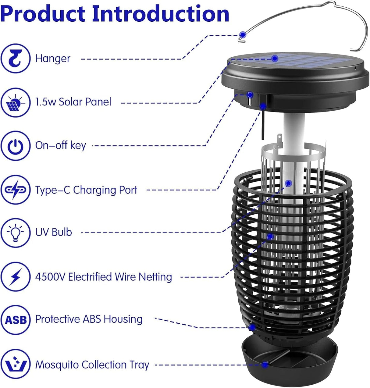 Solar Bug Zapper 2-i-1 Myggkiller Lampa – 4500V Inomhus & Utomhus Fluga Fälla Carvallo