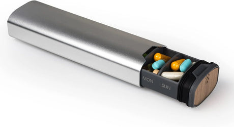 7-Dagars Pillerbox - Stilren Aluminium & Trä Pillerorganisator för Vitaminer & Medicin Carvallo