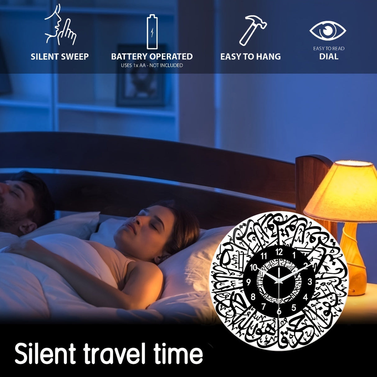 FaithTime - Islamisk Väggklocka av Härdat Glas, Tyst Rund Dekoration Carvallo