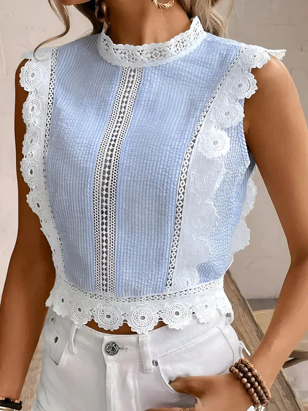 Dam Blus med Blommiga Spetsgränser Graciösa Ärmar Polyester