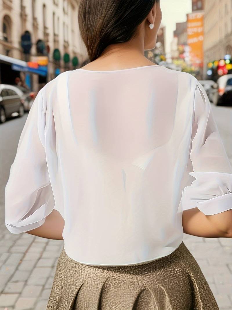 Vit Blus Dam Öppen Front Luftig Design i 100% Bomull