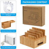 Carvallo ChargeDock Laddningsstation i bambu | 5-portars USB & Organiserare | För smartphone, surfplatta & smartklocka | Inkl. Kabelset Carvallo