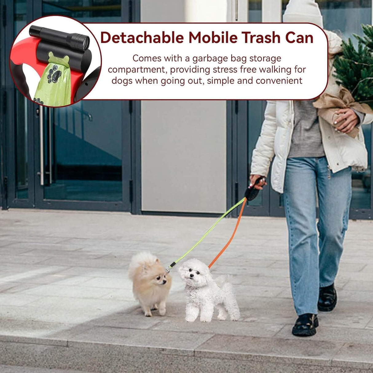 Royallure 10 ft Dubbel Återdragbar Hundleash med Inbyggd Ficklampa & Avfallspåsehållare Carvallo