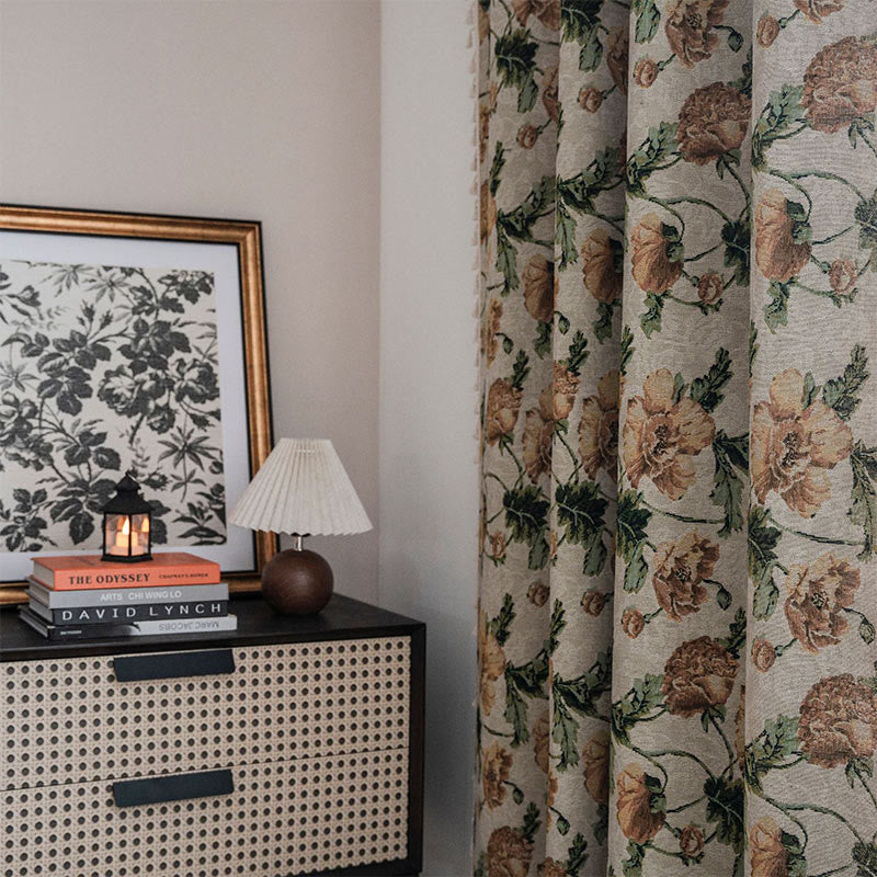 Beige Flower Fringed Semi Blackout Gardin för Integritet Carvallo