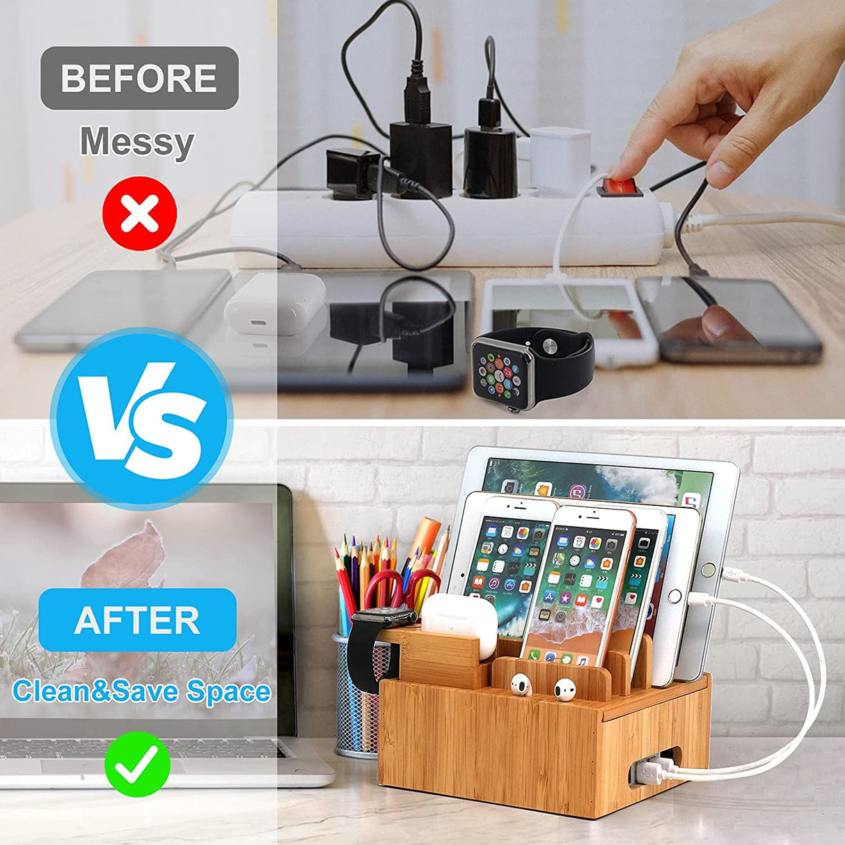 Carvallo ChargeDock Laddningsstation i bambu | 5-portars USB & Organiserare | För smartphone, surfplatta & smartklocka | Inkl. Kabelset Carvallo