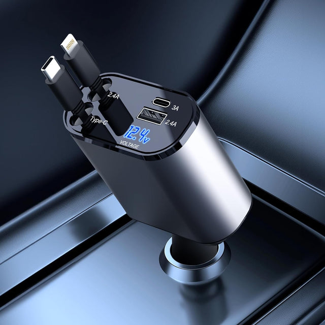 ChargeFlex – 4-i-1 utdragbar billaddare | Snabb laddning med flera portar och universella kablar MILA Sverige