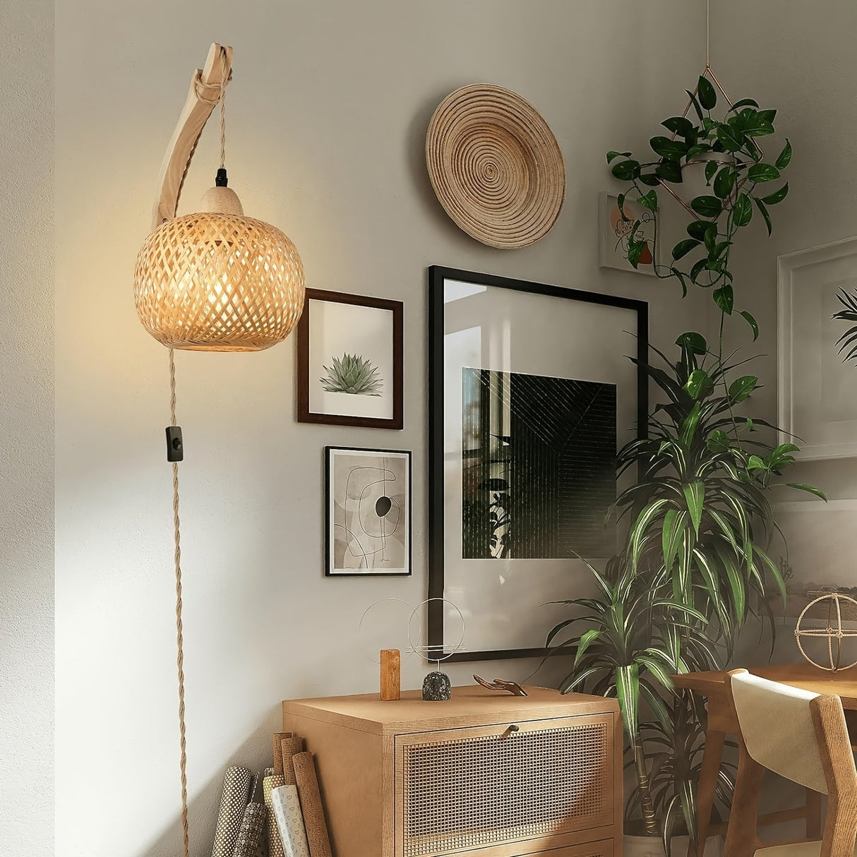 Rustik Bamboo Vägglampa – Vävd Skärm med Stikkontakt i Retro Stil Carvallo